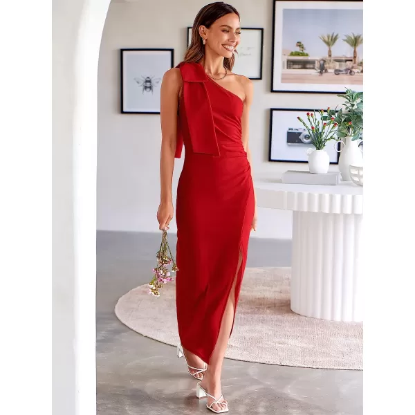 imageANRABESS Womens Summer One Shoulder Long Formal Dresses Sleeveless Ruched Bodycon Wedding Guest Slit Maxi DressRed