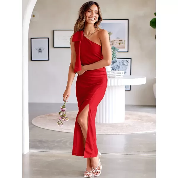 imageANRABESS Womens Summer One Shoulder Long Formal Dresses Sleeveless Ruched Bodycon Wedding Guest Slit Maxi DressRed