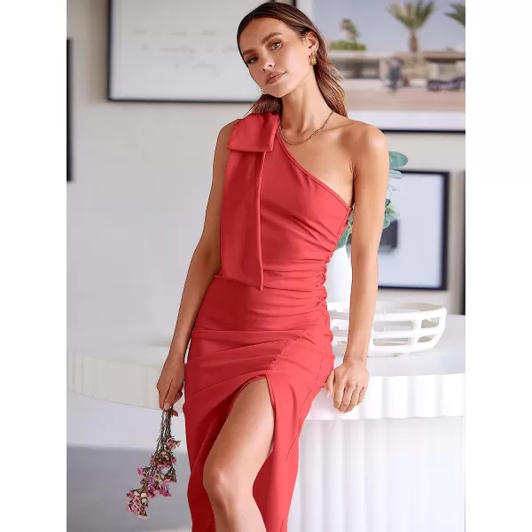 imageANRABESS Womens Summer One Shoulder Long Formal Dresses Sleeveless Ruched Bodycon Wedding Guest Slit Maxi DressRust