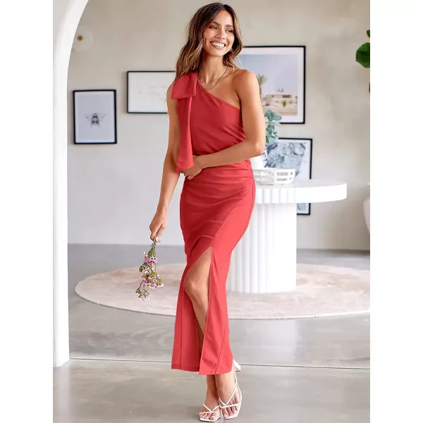 imageANRABESS Womens Summer One Shoulder Long Formal Dresses Sleeveless Ruched Bodycon Wedding Guest Slit Maxi DressRust