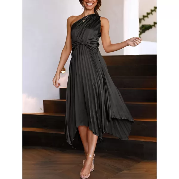 imageANRABESS Womens Summer One Shoulder Midi Dress Sleeveless Twist Pleated Asymmetric Satin Cocktail Party DressBlack