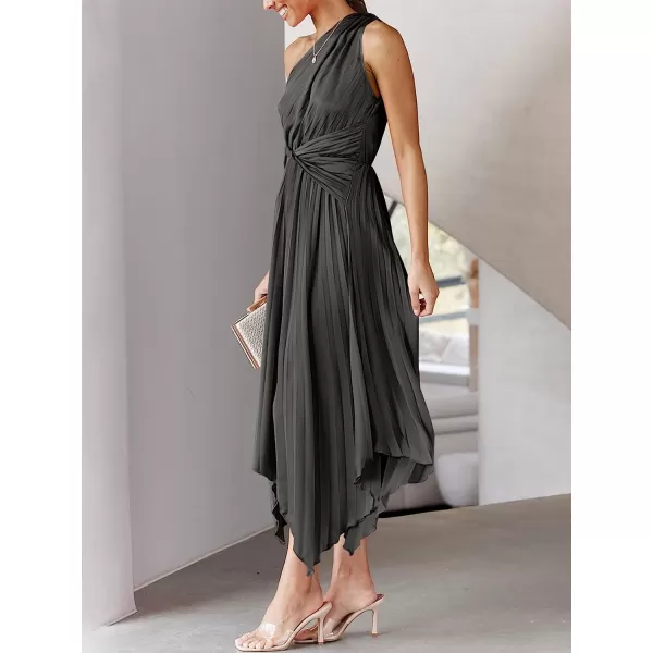imageANRABESS Womens Summer One Shoulder Midi Dress Sleeveless Twist Pleated Asymmetric Satin Cocktail Party DressBlack
