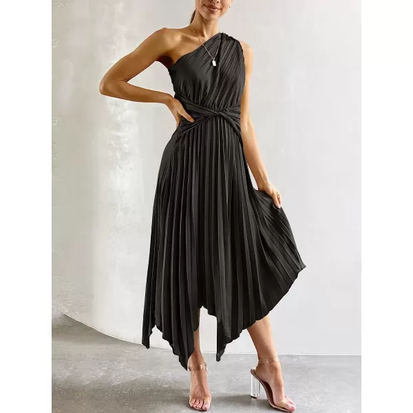imageANRABESS Womens Summer One Shoulder Midi Dress Sleeveless Twist Pleated Asymmetric Satin Cocktail Party DressBlack
