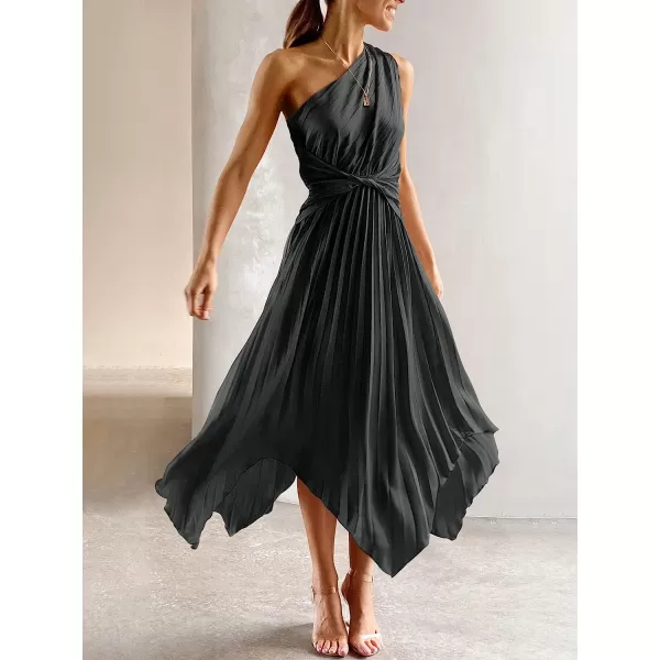 imageANRABESS Womens Summer One Shoulder Midi Dress Sleeveless Twist Pleated Asymmetric Satin Cocktail Party DressBlack