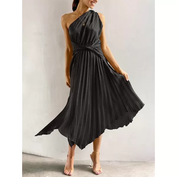imageANRABESS Womens Summer One Shoulder Midi Dress Sleeveless Twist Pleated Asymmetric Satin Cocktail Party DressBlack