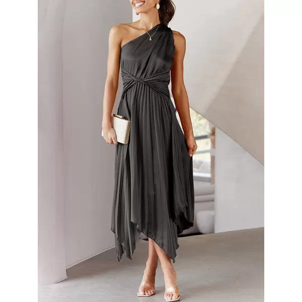 imageANRABESS Womens Summer One Shoulder Midi Dress Sleeveless Twist Pleated Asymmetric Satin Cocktail Party DressBlack
