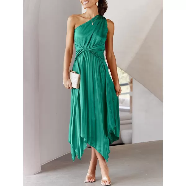 imageANRABESS Womens Summer One Shoulder Midi Dress Sleeveless Twist Pleated Asymmetric Satin Cocktail Party DressGreen