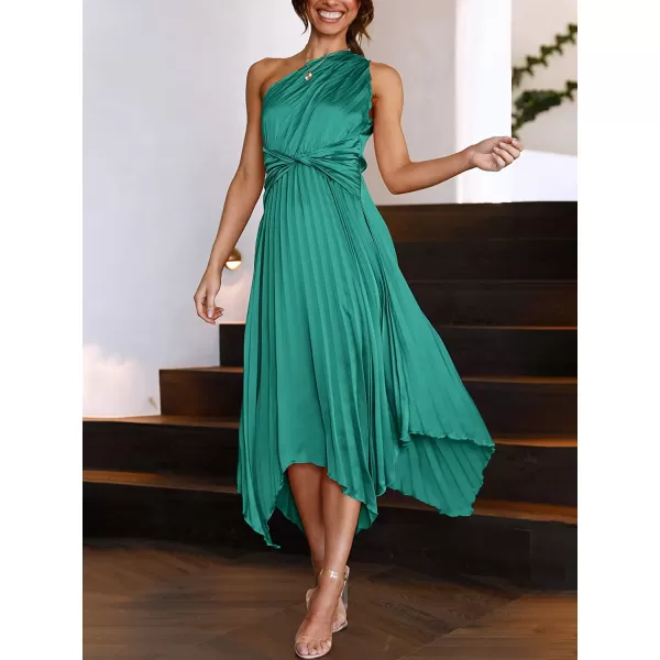 imageANRABESS Womens Summer One Shoulder Midi Dress Sleeveless Twist Pleated Asymmetric Satin Cocktail Party DressGreen