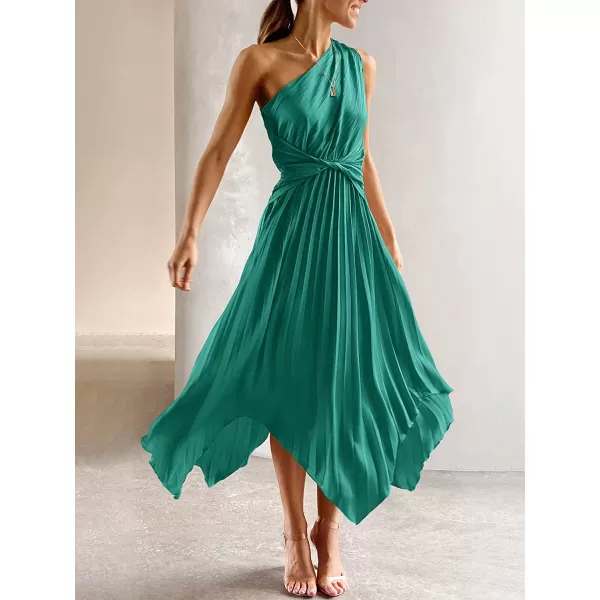 imageANRABESS Womens Summer One Shoulder Midi Dress Sleeveless Twist Pleated Asymmetric Satin Cocktail Party DressGreen