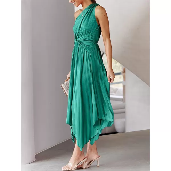 imageANRABESS Womens Summer One Shoulder Midi Dress Sleeveless Twist Pleated Asymmetric Satin Cocktail Party DressGreen