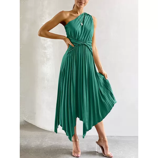 imageANRABESS Womens Summer One Shoulder Midi Dress Sleeveless Twist Pleated Asymmetric Satin Cocktail Party DressGreen