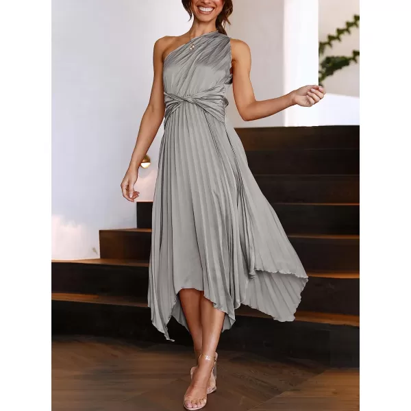 imageANRABESS Womens Summer One Shoulder Midi Dress Sleeveless Twist Pleated Asymmetric Satin Cocktail Party DressGrey