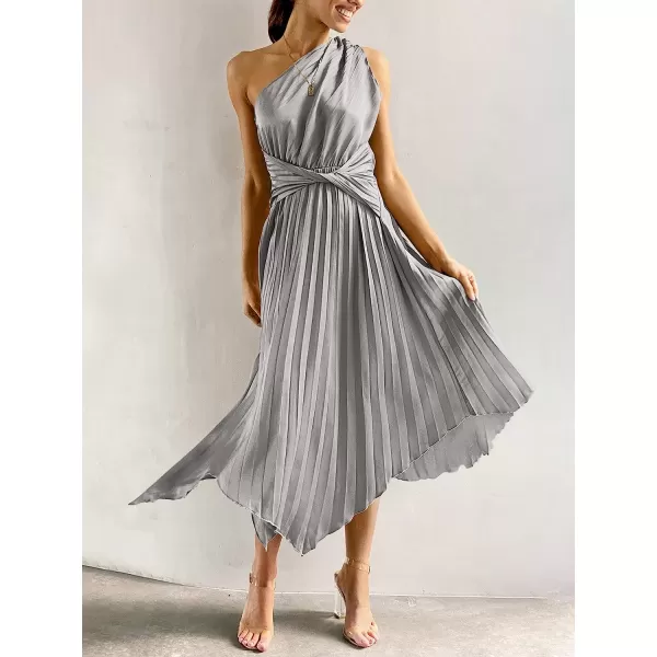 imageANRABESS Womens Summer One Shoulder Midi Dress Sleeveless Twist Pleated Asymmetric Satin Cocktail Party DressGrey