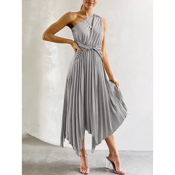 imageANRABESS Womens Summer One Shoulder Midi Dress Sleeveless Twist Pleated Asymmetric Satin Cocktail Party DressGrey