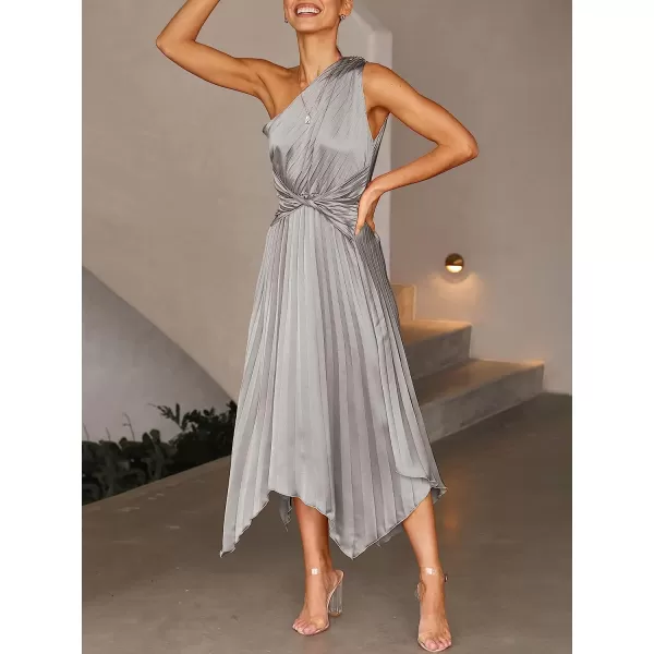 imageANRABESS Womens Summer One Shoulder Midi Dress Sleeveless Twist Pleated Asymmetric Satin Cocktail Party DressGrey