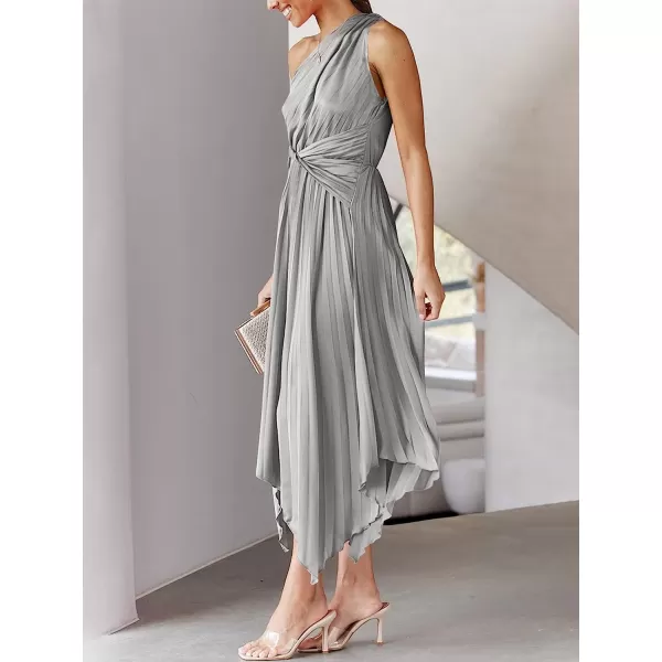 imageANRABESS Womens Summer One Shoulder Midi Dress Sleeveless Twist Pleated Asymmetric Satin Cocktail Party DressGrey