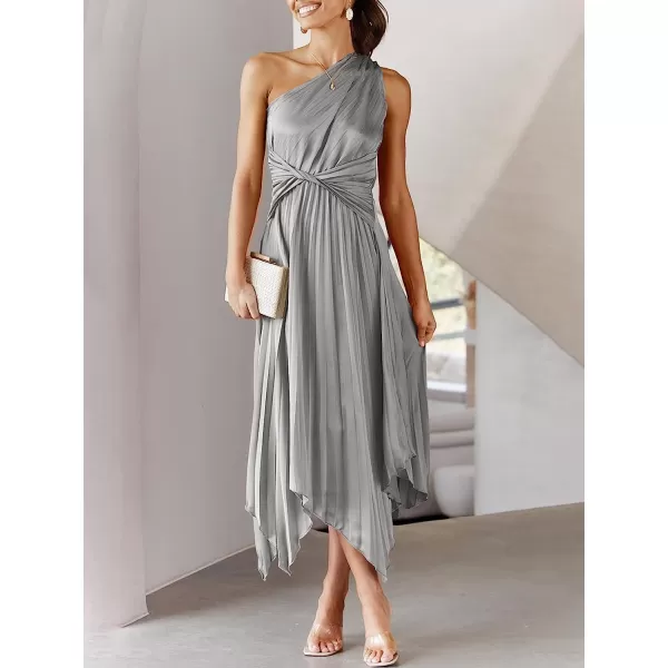 imageANRABESS Womens Summer One Shoulder Midi Dress Sleeveless Twist Pleated Asymmetric Satin Cocktail Party DressGrey