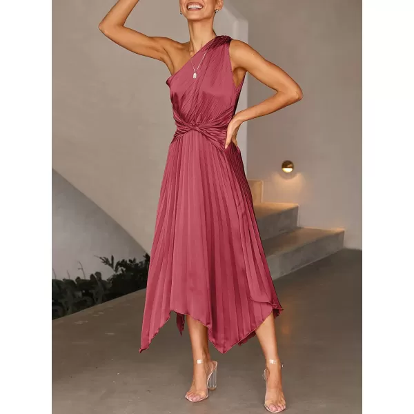 imageANRABESS Womens Summer One Shoulder Midi Dress Sleeveless Twist Pleated Asymmetric Satin Cocktail Party DressMaroon
