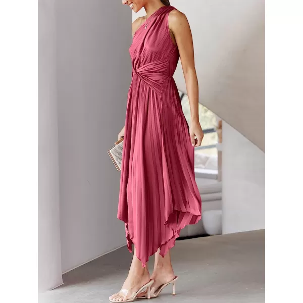 imageANRABESS Womens Summer One Shoulder Midi Dress Sleeveless Twist Pleated Asymmetric Satin Cocktail Party DressMaroon