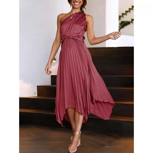imageANRABESS Womens Summer One Shoulder Midi Dress Sleeveless Twist Pleated Asymmetric Satin Cocktail Party DressMaroon
