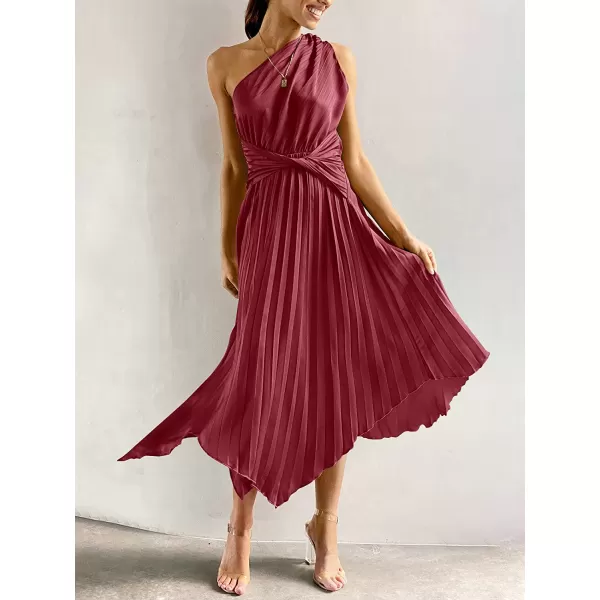 imageANRABESS Womens Summer One Shoulder Midi Dress Sleeveless Twist Pleated Asymmetric Satin Cocktail Party DressMaroon