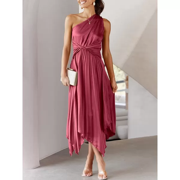 imageANRABESS Womens Summer One Shoulder Midi Dress Sleeveless Twist Pleated Asymmetric Satin Cocktail Party DressMaroon