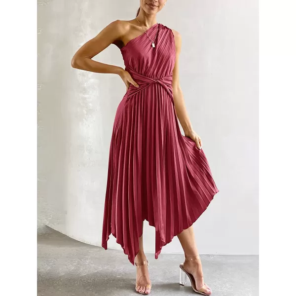 imageANRABESS Womens Summer One Shoulder Midi Dress Sleeveless Twist Pleated Asymmetric Satin Cocktail Party DressMaroon
