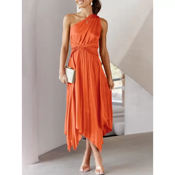 imageANRABESS Womens Summer One Shoulder Midi Dress Sleeveless Twist Pleated Asymmetric Satin Cocktail Party DressOrange