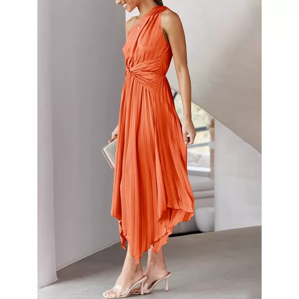 imageANRABESS Womens Summer One Shoulder Midi Dress Sleeveless Twist Pleated Asymmetric Satin Cocktail Party DressOrange