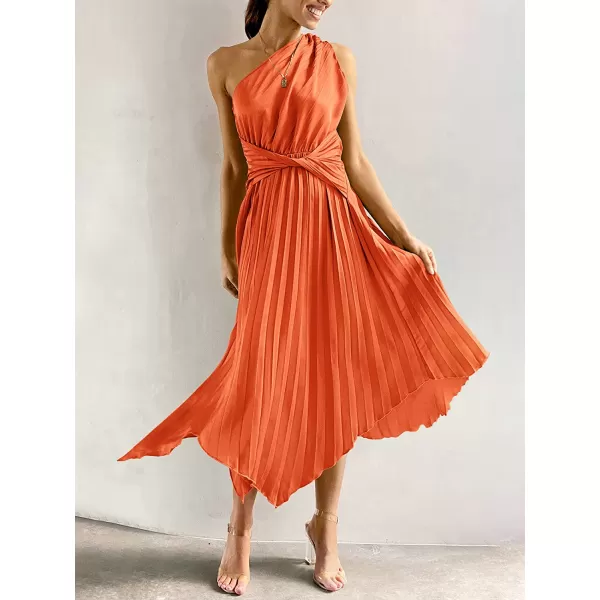 imageANRABESS Womens Summer One Shoulder Midi Dress Sleeveless Twist Pleated Asymmetric Satin Cocktail Party DressOrange