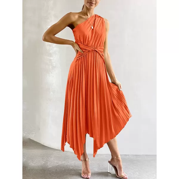 imageANRABESS Womens Summer One Shoulder Midi Dress Sleeveless Twist Pleated Asymmetric Satin Cocktail Party DressOrange
