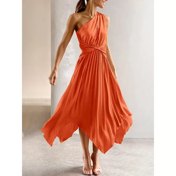 imageANRABESS Womens Summer One Shoulder Midi Dress Sleeveless Twist Pleated Asymmetric Satin Cocktail Party DressOrange