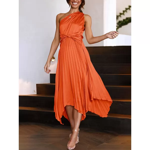 imageANRABESS Womens Summer One Shoulder Midi Dress Sleeveless Twist Pleated Asymmetric Satin Cocktail Party DressOrange