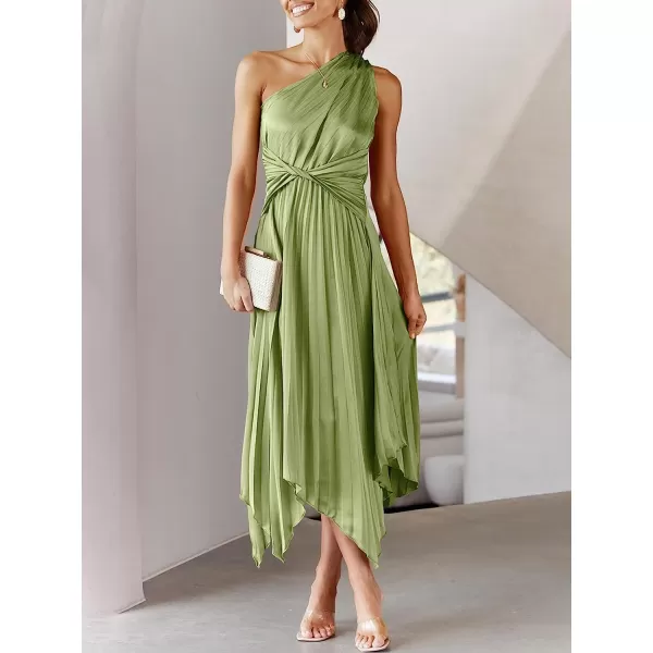 imageANRABESS Womens Summer One Shoulder Midi Dress Sleeveless Twist Pleated Asymmetric Satin Cocktail Party DressPea Green