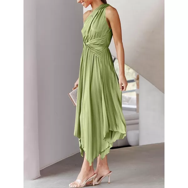 imageANRABESS Womens Summer One Shoulder Midi Dress Sleeveless Twist Pleated Asymmetric Satin Cocktail Party DressPea Green