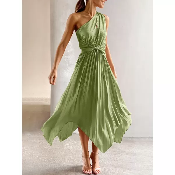 imageANRABESS Womens Summer One Shoulder Midi Dress Sleeveless Twist Pleated Asymmetric Satin Cocktail Party DressPea Green