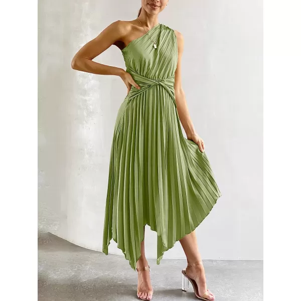 imageANRABESS Womens Summer One Shoulder Midi Dress Sleeveless Twist Pleated Asymmetric Satin Cocktail Party DressPea Green