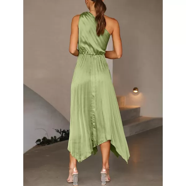 imageANRABESS Womens Summer One Shoulder Midi Dress Sleeveless Twist Pleated Asymmetric Satin Cocktail Party DressPea Green