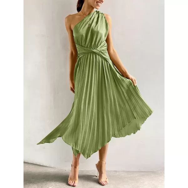 imageANRABESS Womens Summer One Shoulder Midi Dress Sleeveless Twist Pleated Asymmetric Satin Cocktail Party DressPea Green