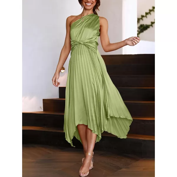 imageANRABESS Womens Summer One Shoulder Midi Dress Sleeveless Twist Pleated Asymmetric Satin Cocktail Party DressPea Green