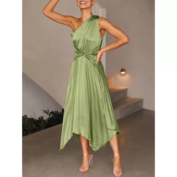 imageANRABESS Womens Summer One Shoulder Midi Dress Sleeveless Twist Pleated Asymmetric Satin Cocktail Party DressPea Green