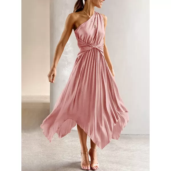 imageANRABESS Womens Summer One Shoulder Midi Dress Sleeveless Twist Pleated Asymmetric Satin Cocktail Party DressPink