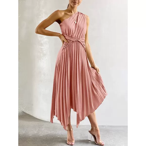imageANRABESS Womens Summer One Shoulder Midi Dress Sleeveless Twist Pleated Asymmetric Satin Cocktail Party DressPink