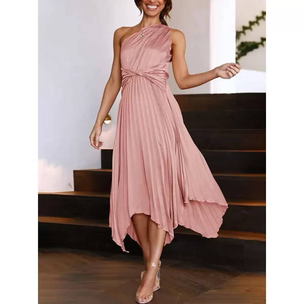 imageANRABESS Womens Summer One Shoulder Midi Dress Sleeveless Twist Pleated Asymmetric Satin Cocktail Party DressPink