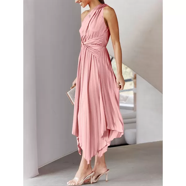 imageANRABESS Womens Summer One Shoulder Midi Dress Sleeveless Twist Pleated Asymmetric Satin Cocktail Party DressPink