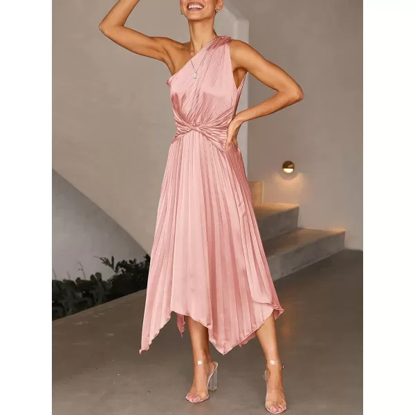 imageANRABESS Womens Summer One Shoulder Midi Dress Sleeveless Twist Pleated Asymmetric Satin Cocktail Party DressPink