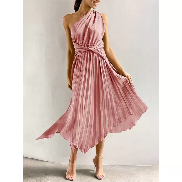 imageANRABESS Womens Summer One Shoulder Midi Dress Sleeveless Twist Pleated Asymmetric Satin Cocktail Party DressPink
