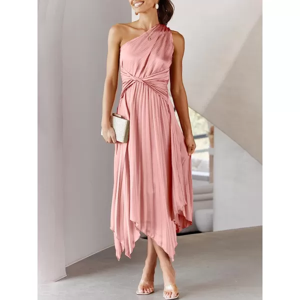imageANRABESS Womens Summer One Shoulder Midi Dress Sleeveless Twist Pleated Asymmetric Satin Cocktail Party DressPink