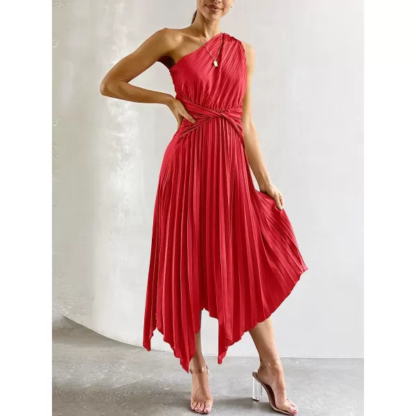 imageANRABESS Womens Summer One Shoulder Midi Dress Sleeveless Twist Pleated Asymmetric Satin Cocktail Party DressRed