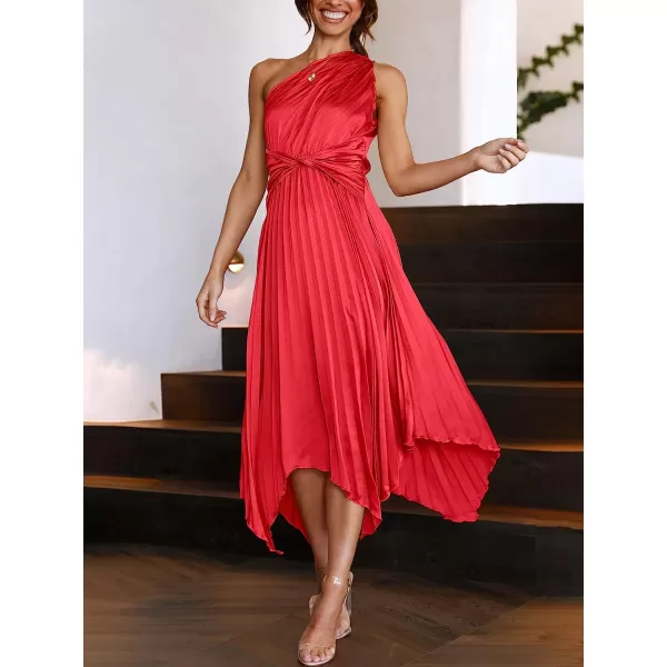 imageANRABESS Womens Summer One Shoulder Midi Dress Sleeveless Twist Pleated Asymmetric Satin Cocktail Party DressRed